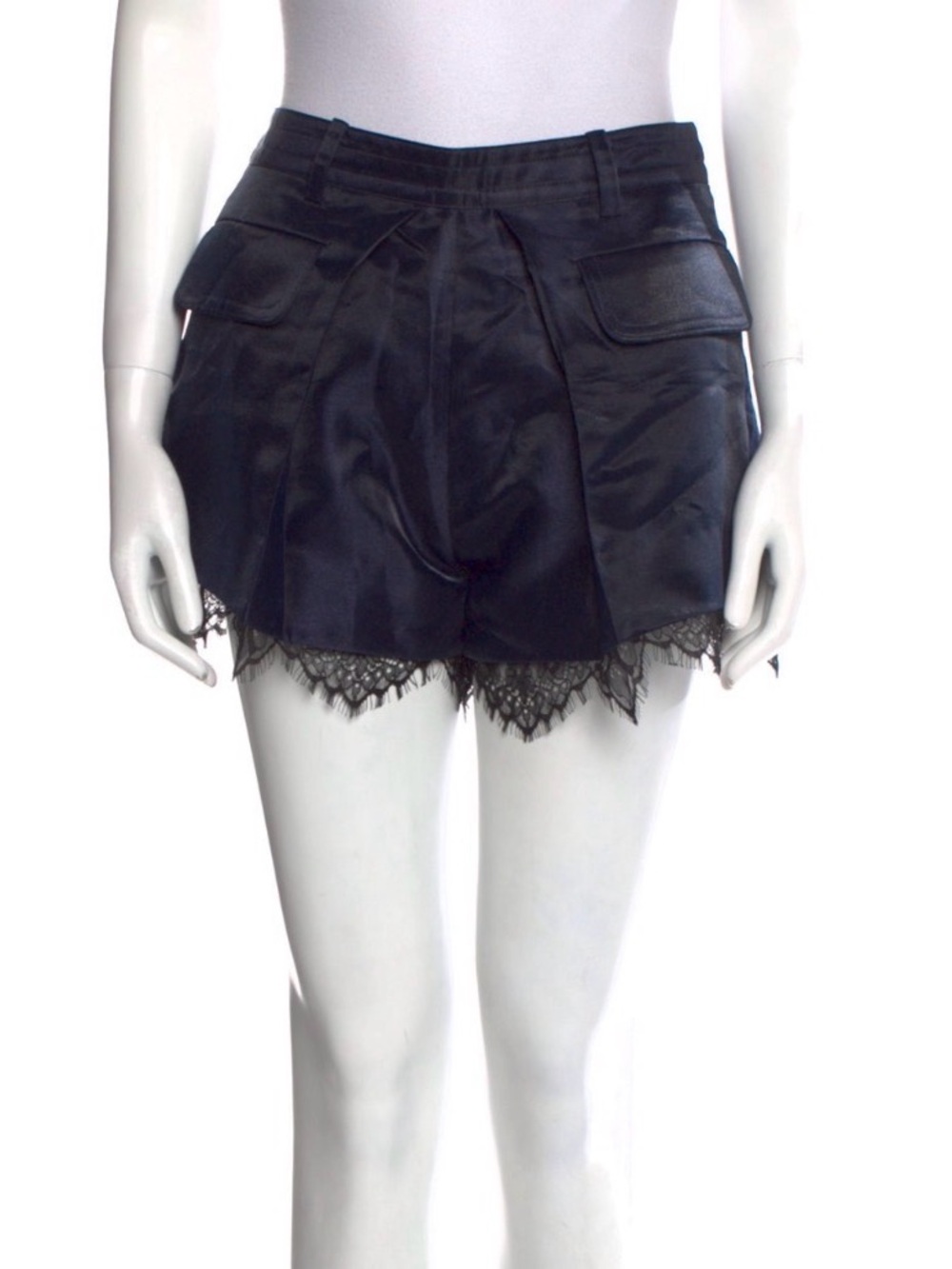 Self-Portrait Black Satin Lace-Trim High-Waist Skort